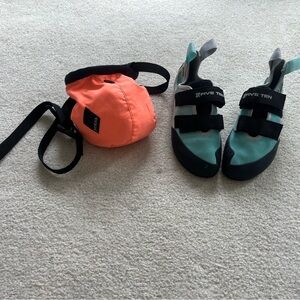 STILL AVAILABLE: Stealth Rubber Climbing Shoes + peach chalk bag (with chalk)